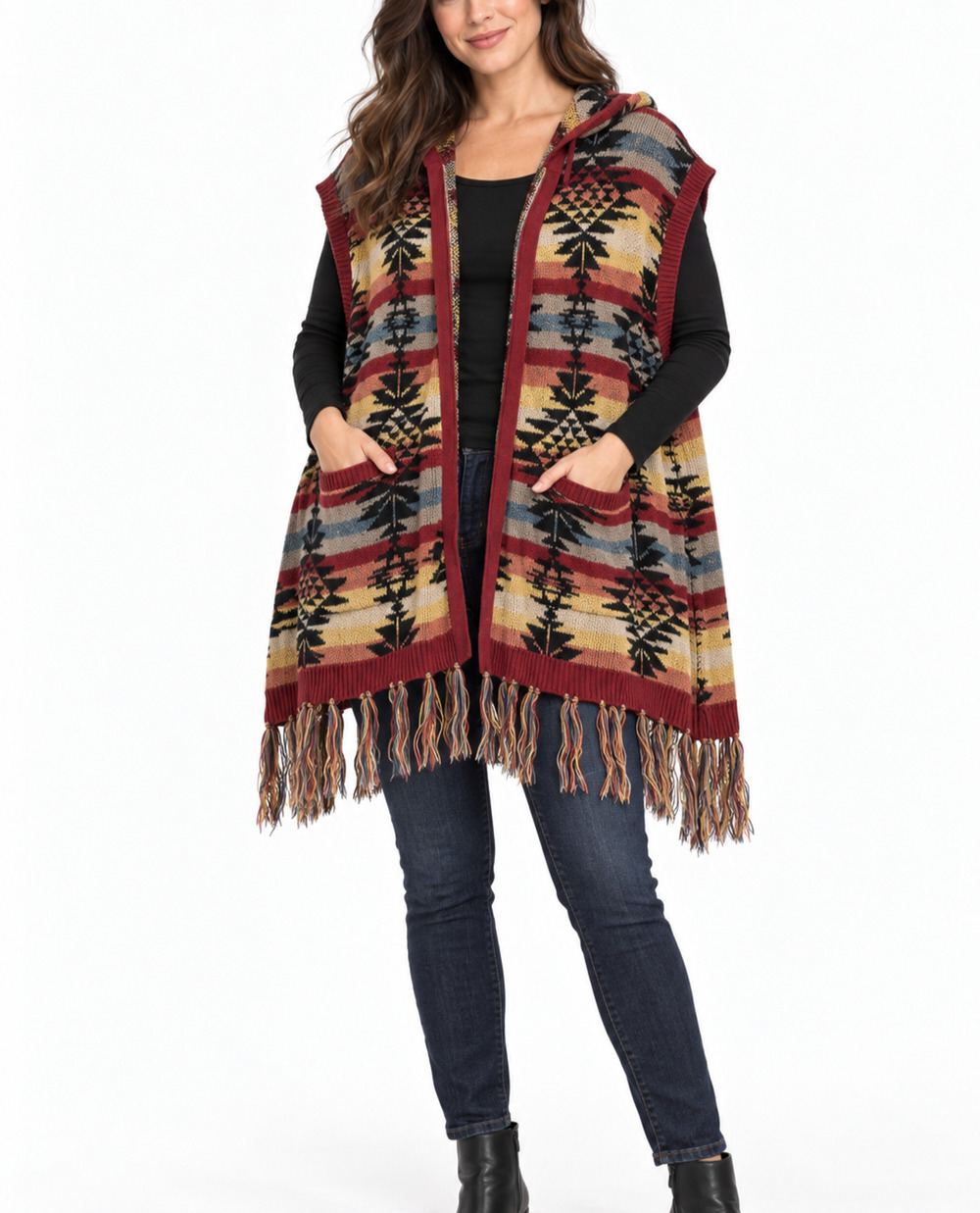 American Eagle Womens Southwestern Hooded Poncho Cardigan Fringe Pockets Boho